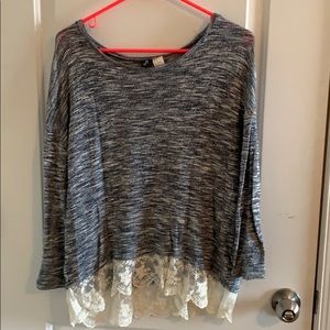 Never worn: grey and navy sweater with lace trim